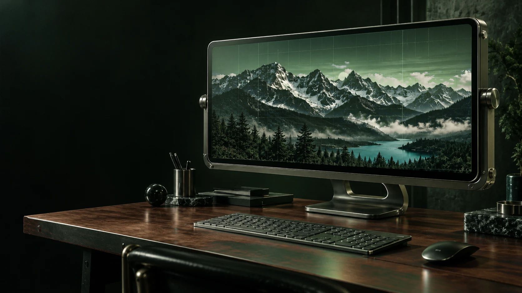Dunkelgrüner Arbeitsplatz mit Walnussholztisch und einer Berglandschaft mit türkisblauem See auf dem Monitor